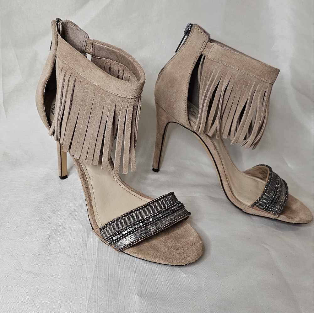 Fringe Ankle Strap High Heel Sandals - Taupe